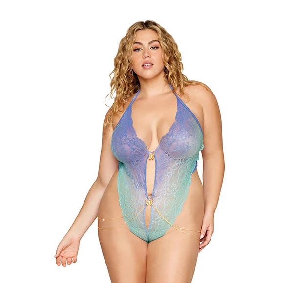 Ombre Stretch Lace Teddy with Butterfly Charms Lavender Haze /seafoam Osq