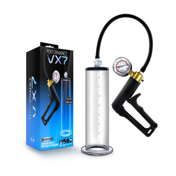 Performance VX7 Vacuum Penis Pump W/ Brass Trigger & Pressure Gauge Clear