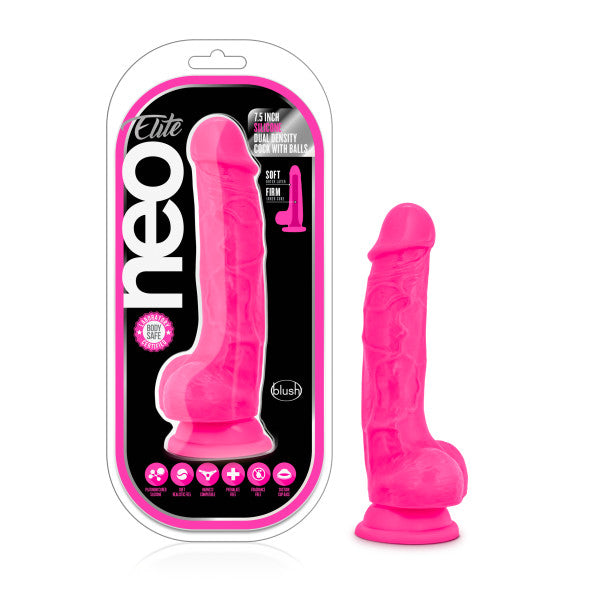 Neo Elite 7.5In Silicone Dual Density Cock W/ Balls Neon Pink