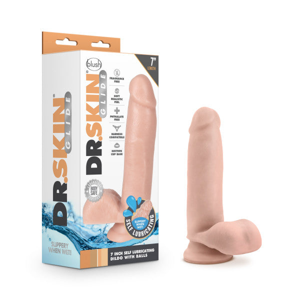DR SKIN GLIDE 7 in SELF LUBRICATING DILDO W BALLS VANILLA