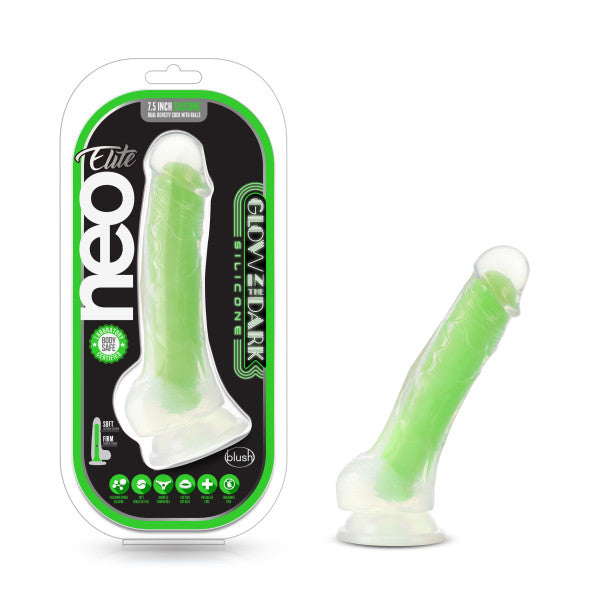 Neo Elite Glow In The Dark 7.5 In Silicone Dual Density Cock with Balls Neon Green