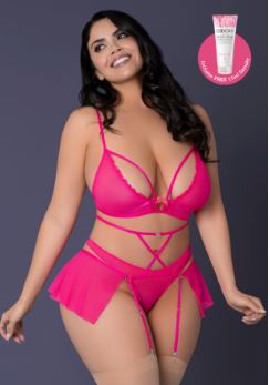 Pink Kink Bralette Panty Skirt Pink Glow 2XL