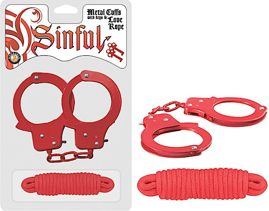 Sinful Metal Cuffs W/Love Rope Red