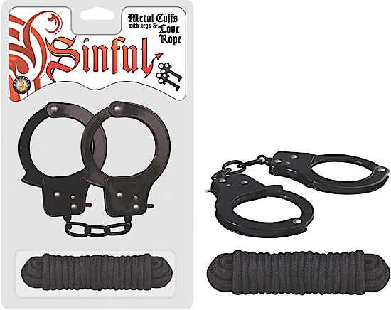 Sinful Metal Cuffs W/Love Rope Black
