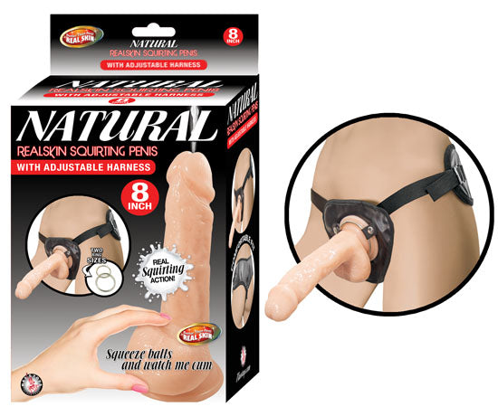 Natural Realskin Squirting Penis W/ Adjustable Harness 8In Flesh