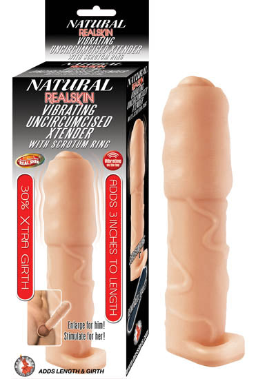 Natural Realskin Vibrating Uncircumcised Xtender with Scrotum Ring Flesh