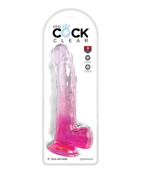 King Cock Clear 9In W/ Balls Pink