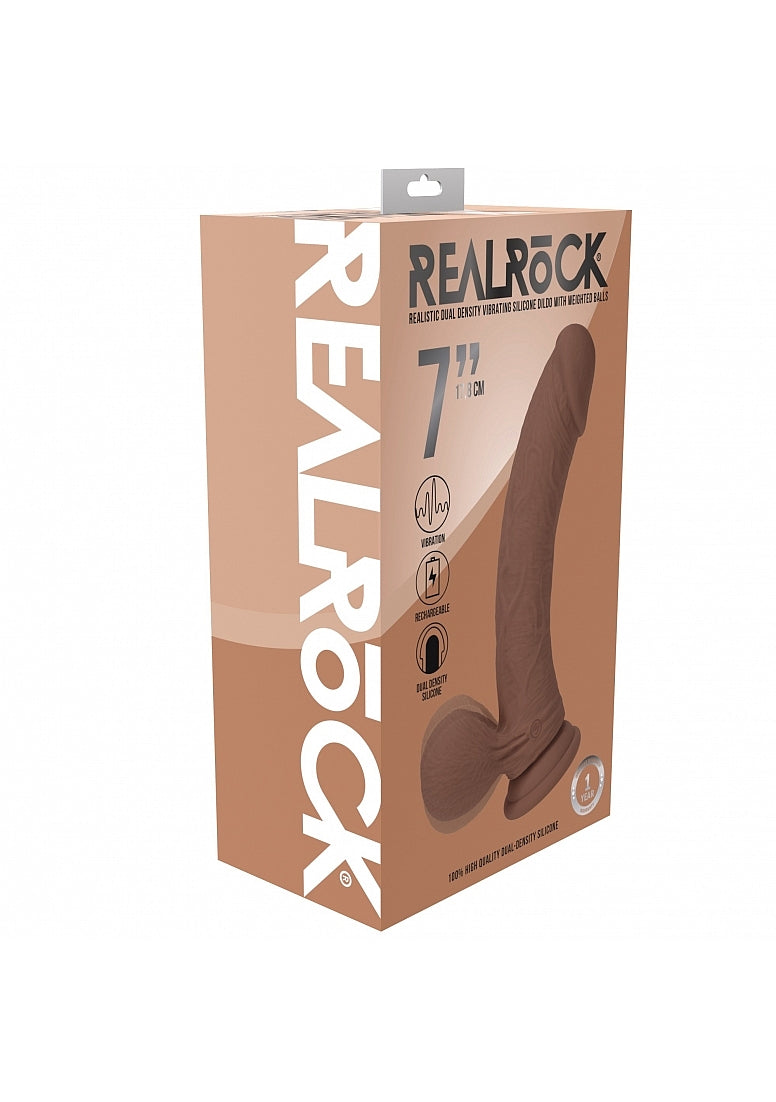 Realrock Rechargeable Dual Layered Vibrating Curved 7In W/Balls Tan