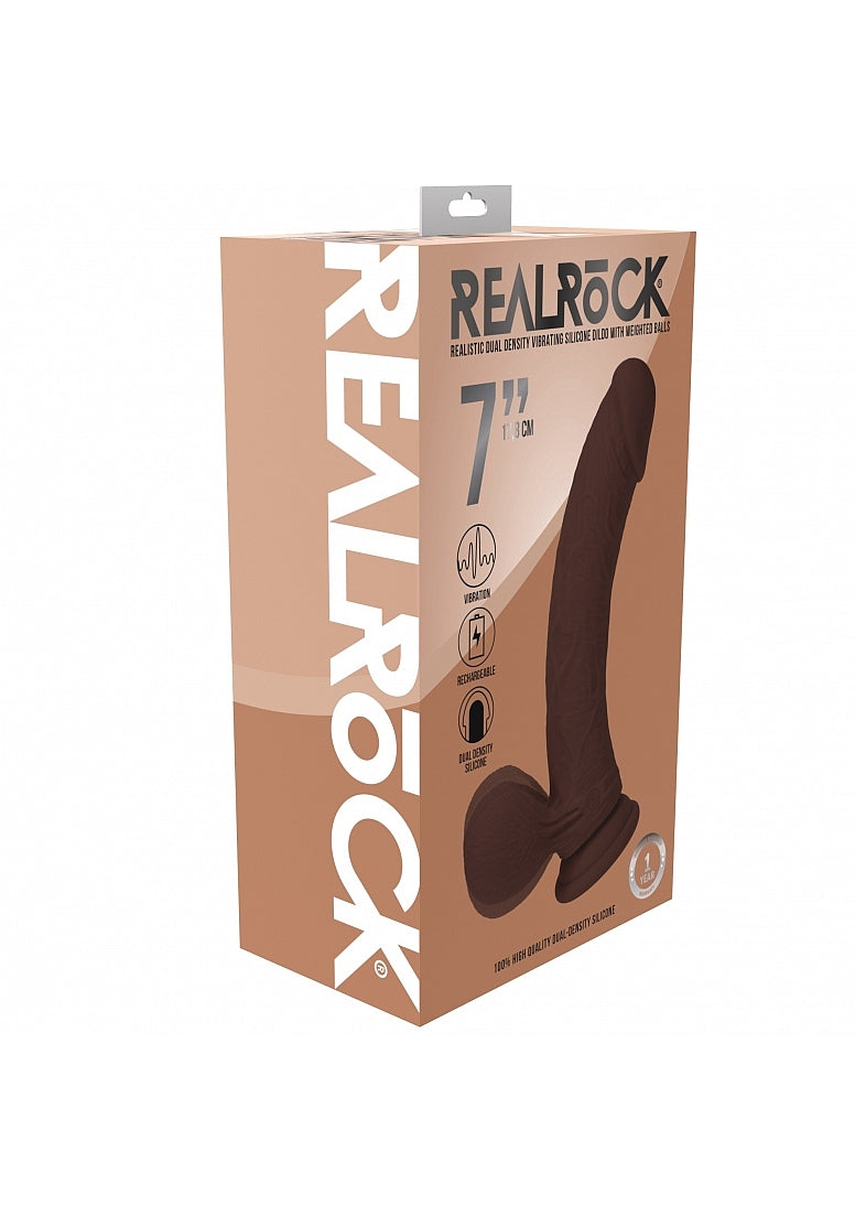 Realrock Rechargeable Dual Layered Vibrating Curved 7In W/Balls Brown