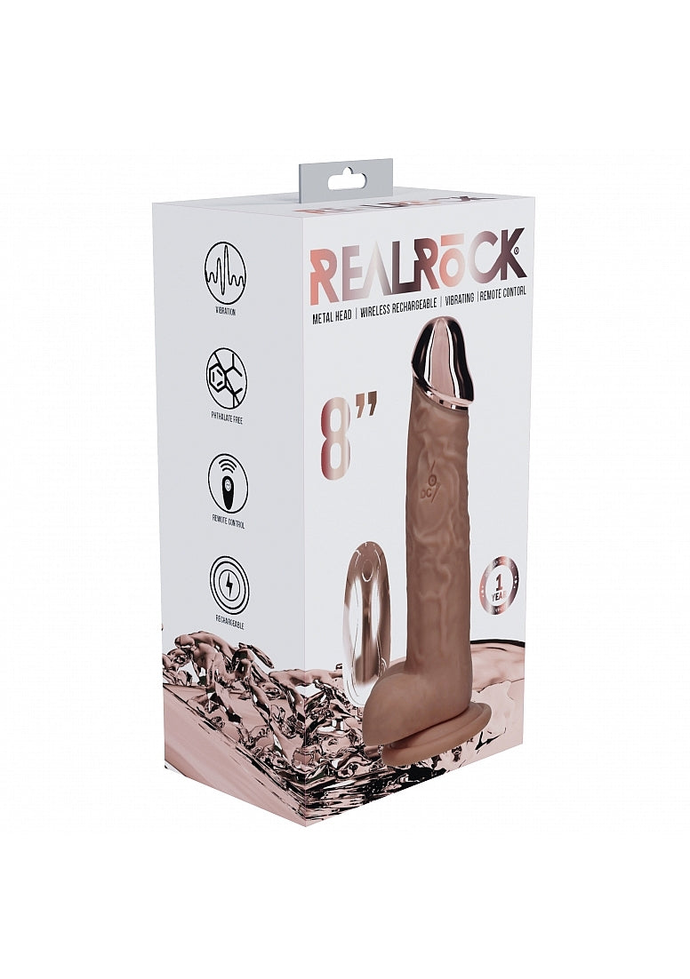 Realrock Wireless Rechargeable Metalhead Regular Straight 8In W/Balls Tan