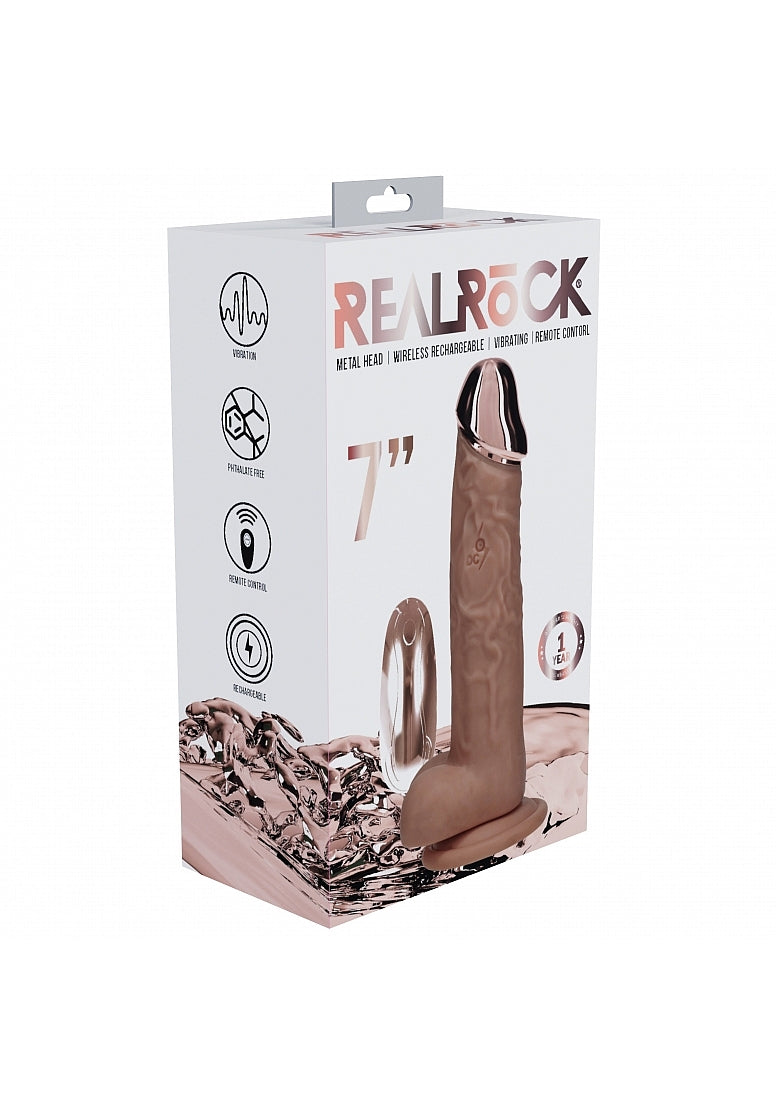 Realrock Wireless Rechargeable Metalhead Regular Straight 7In W/Balls Tan