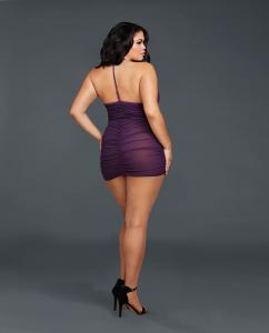 STRETCH MESH CHEMISE W/ SHIRRING DETAIL & G-STRING PLUM QUEEN