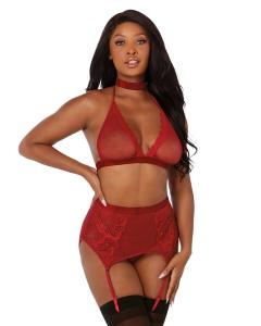 FISHNET & LACE 4PC SET W/ STRETCH VELVET TRIM GARNET O/S