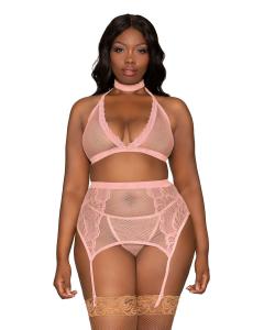 FISHNET & LACE 4PC SET W/ STRETCH VELVET TRIM ROSE PINK Q/S