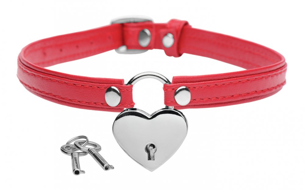 Heart Lock Leather Choker with Lock and Key - Red