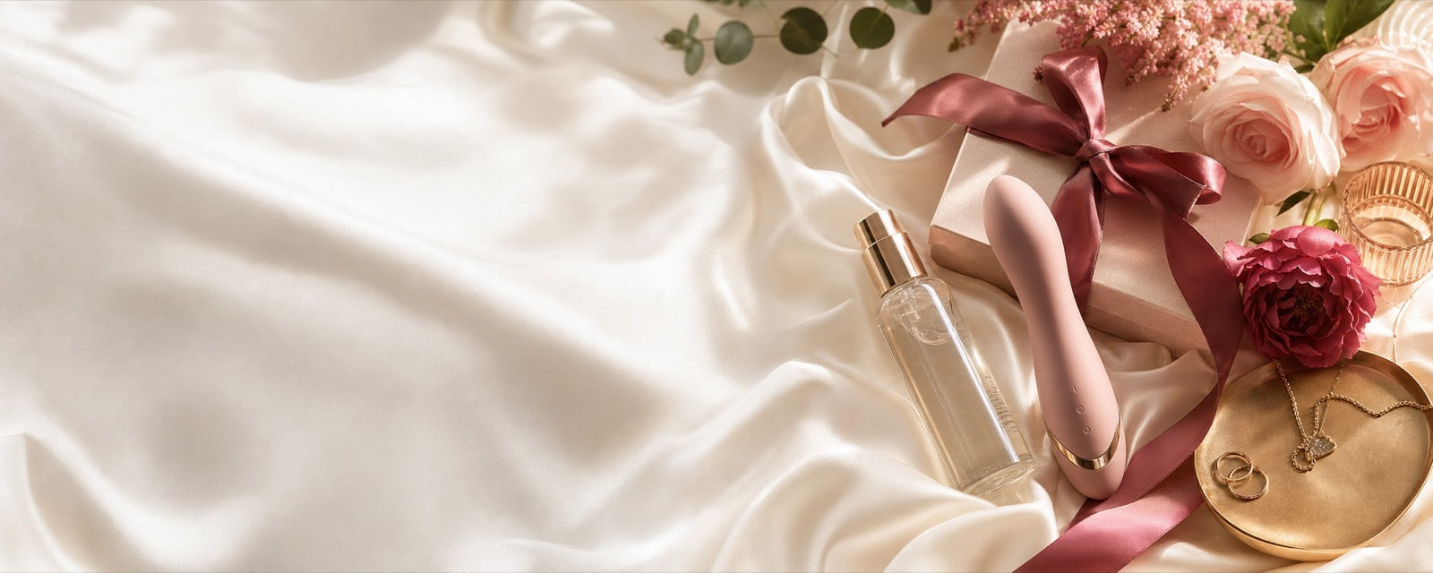 Elegant intimate wellness boutique essentials arranged on soft ivory silk